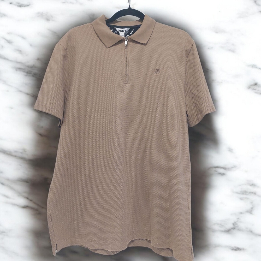 DKNY Tan Short Sleeve Tee with Classic Collar